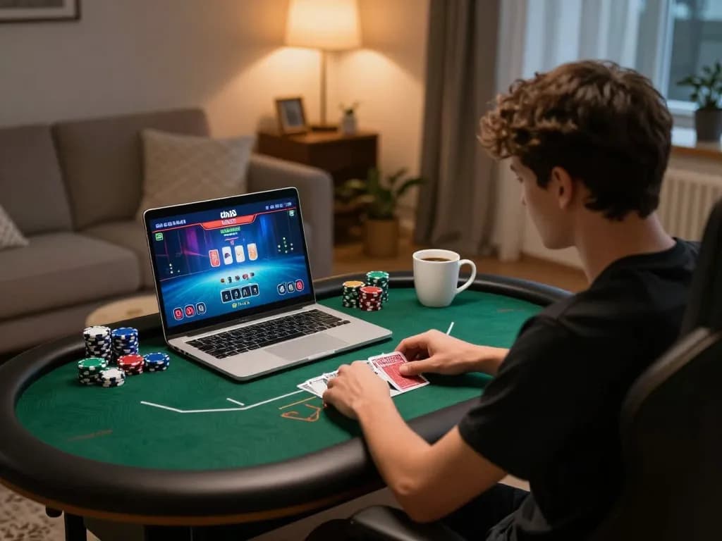 Engaging in live poker action online with dn88 gaming, showcasing strategic gameplay and personal space.