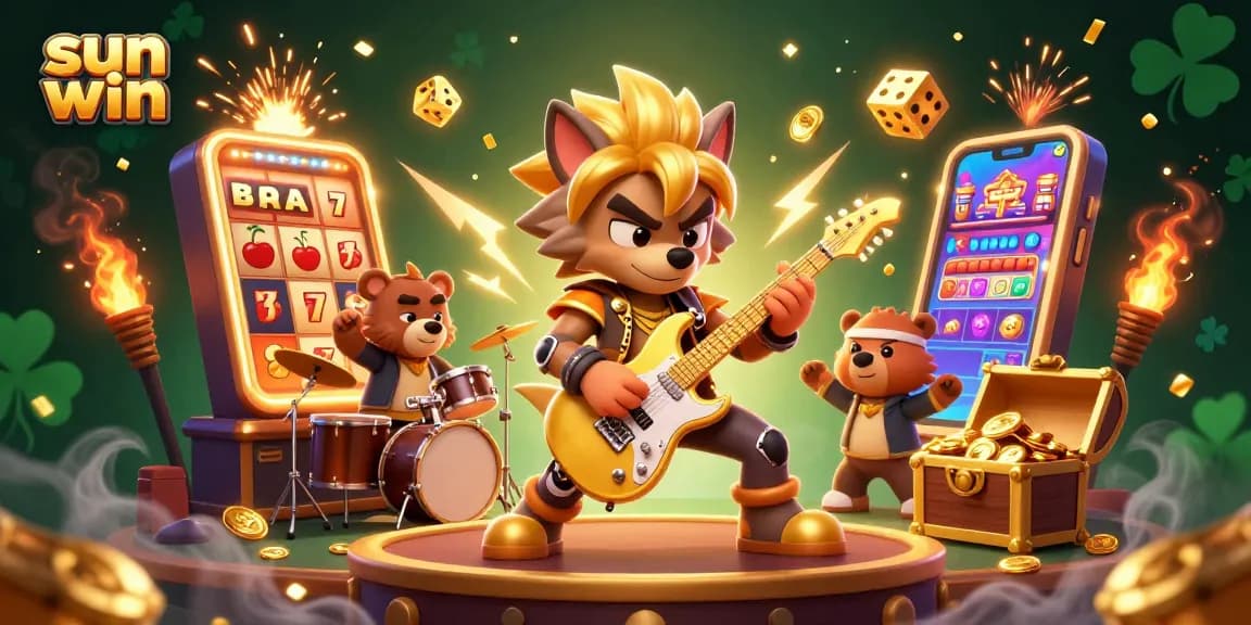 Experience thrilling wins with sun win at a vibrant casino stage featuring energetic characters and games.