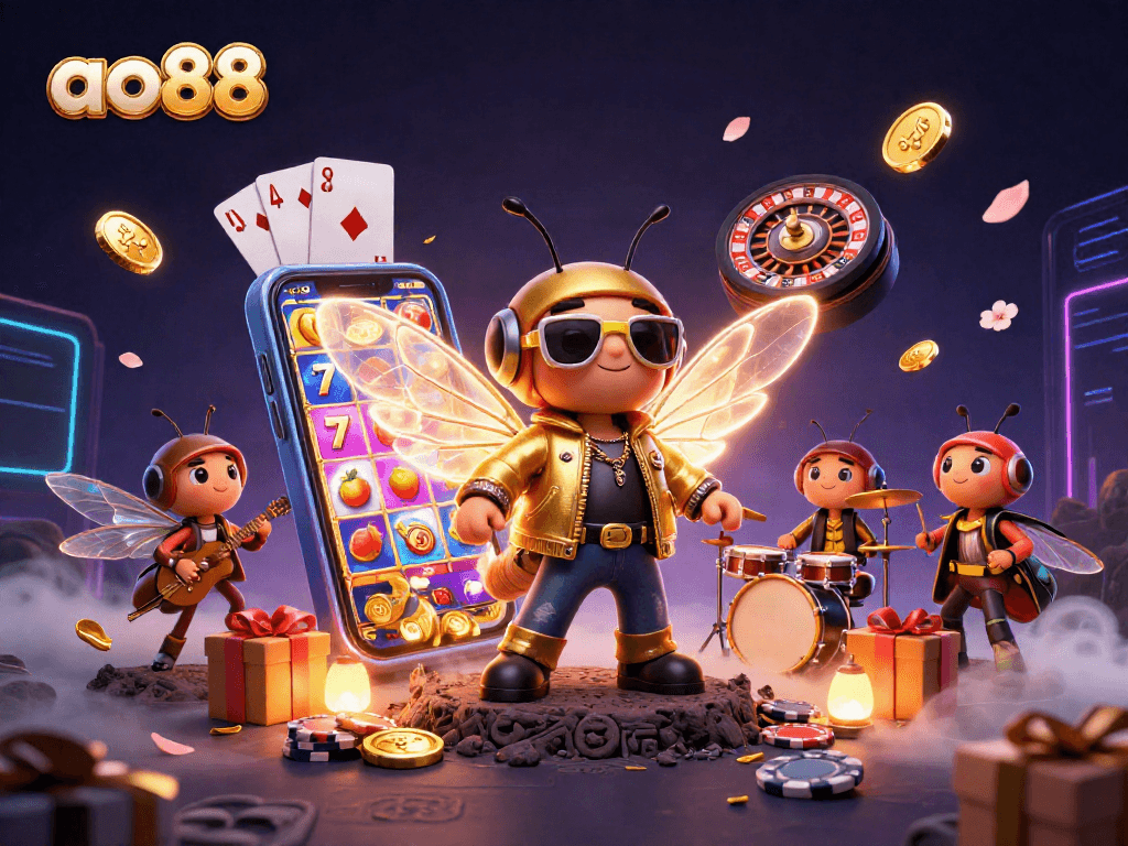 Engage in thrilling slots action with ao88 featuring a cicada rock star and vibrant game elements!