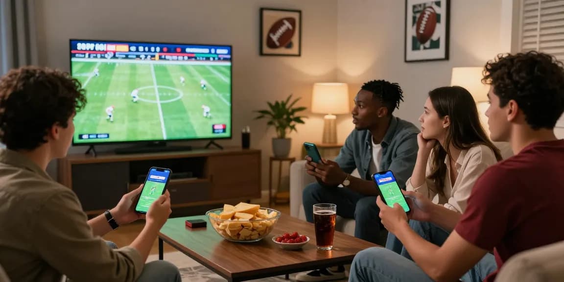 fussball wm wettanbieter in einer lebhaften Wohnzimmer-Szene mit Freunden beim Fußballschauen und Wetten.