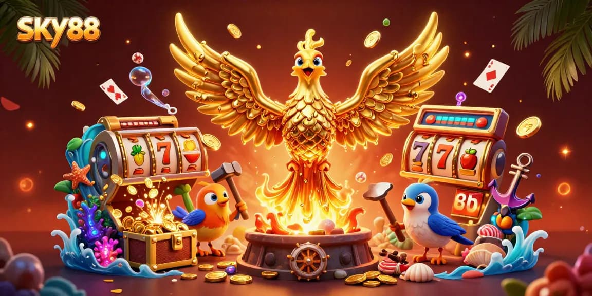 WIN with SKY88 at a dynamic casino scene featuring a molten gold phoenix and vibrant slot elements.