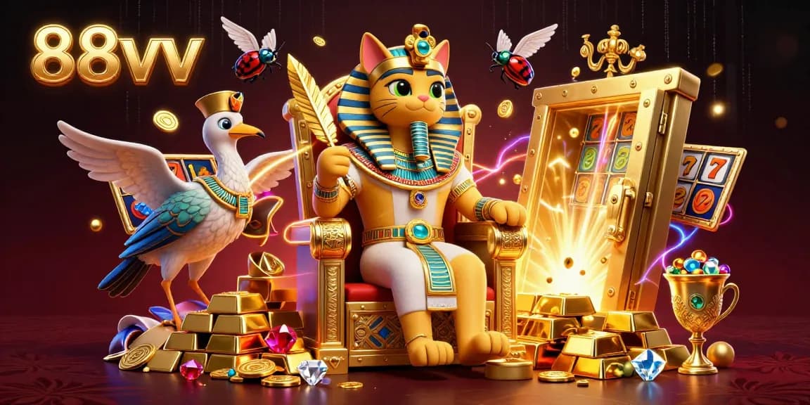 Experience the thrill with 88vv's 3D casino scene showcasing stacks of gold, slot reels, and exotic characters.