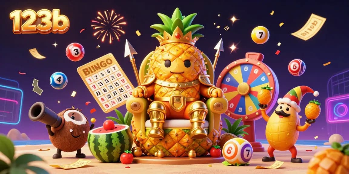 Join the excitement at 123b with a vibrant scene of casino-themed characters and elements promoting interactive lottery games.