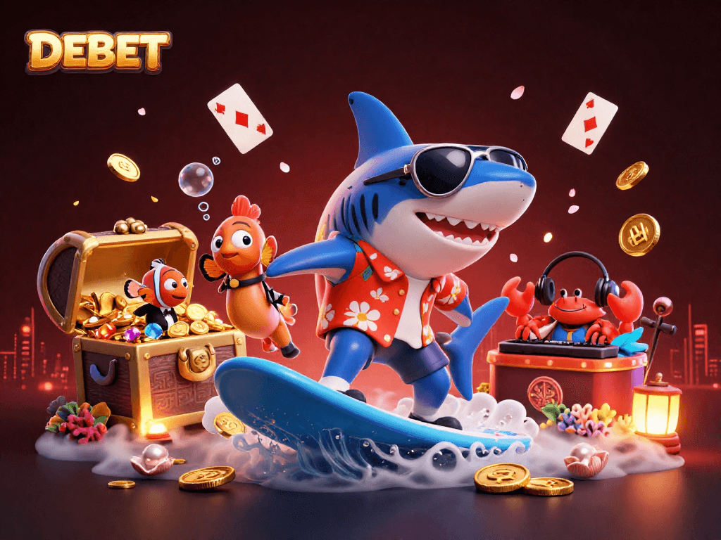 Engage with DEBET's vibrant casino underwater scene featuring colorful characters and lively casino elements.
