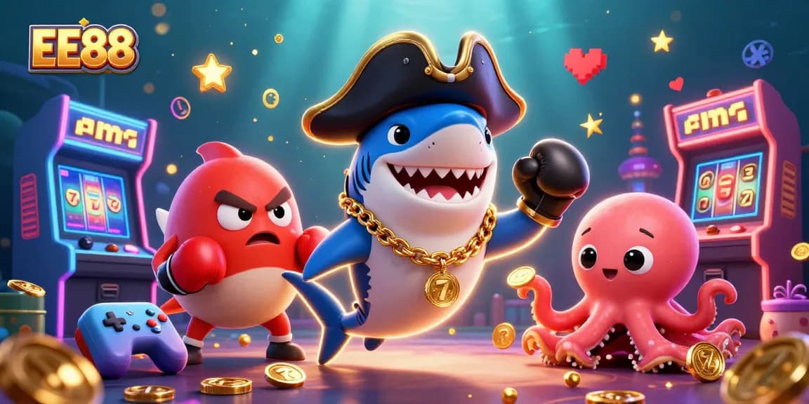 Engage in thrilling slots at EE88 with cartoon characters celebrating wins amidst colorful casino elements.