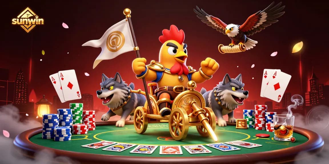 Engage in thrilling gameplay at sunwin with a dramatic scene featuring poker elements and a cartoon warlord.