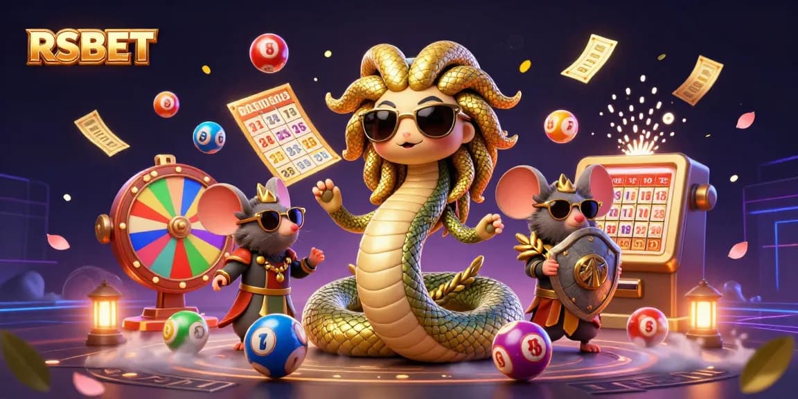 RSBET features a lively casino scene with Medusa and a warrior mouse amidst vibrant lottery balls, embodying excitement in online gambling.
