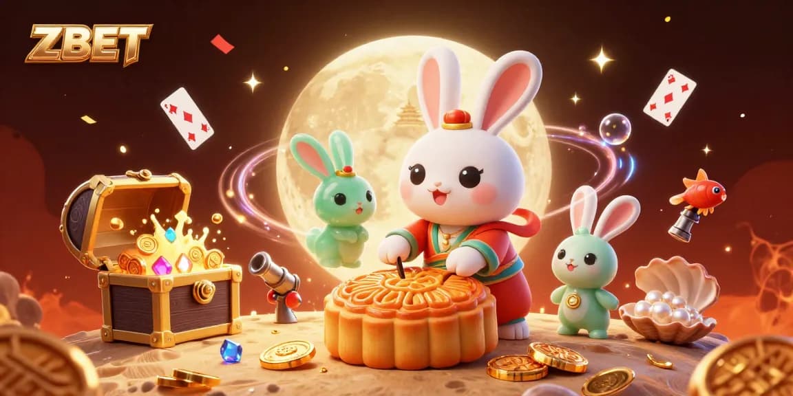 ZBET showcases a captivating 3D scene of a moon rabbit revealing gambling treasures, empowering players with excitement.