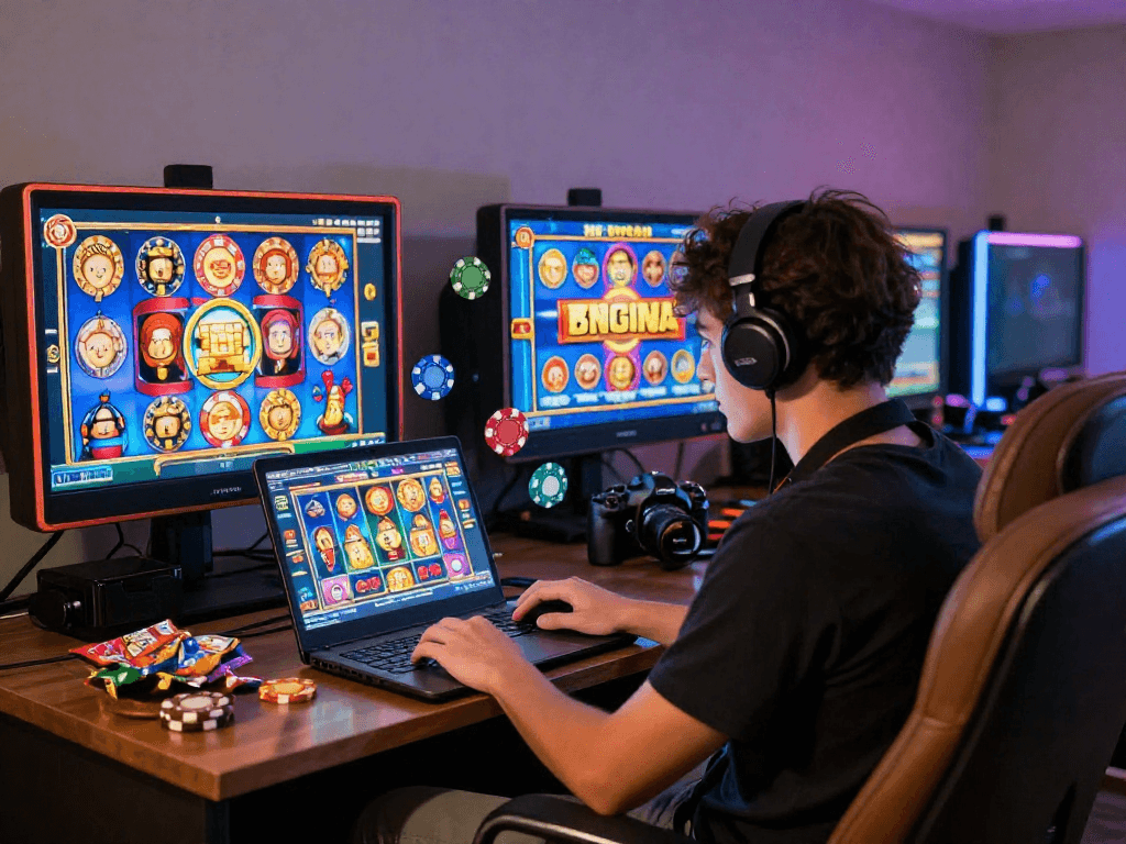 A player engaged with daftar slot games online with vibrant graphics and casino elements in a cozy gaming room.