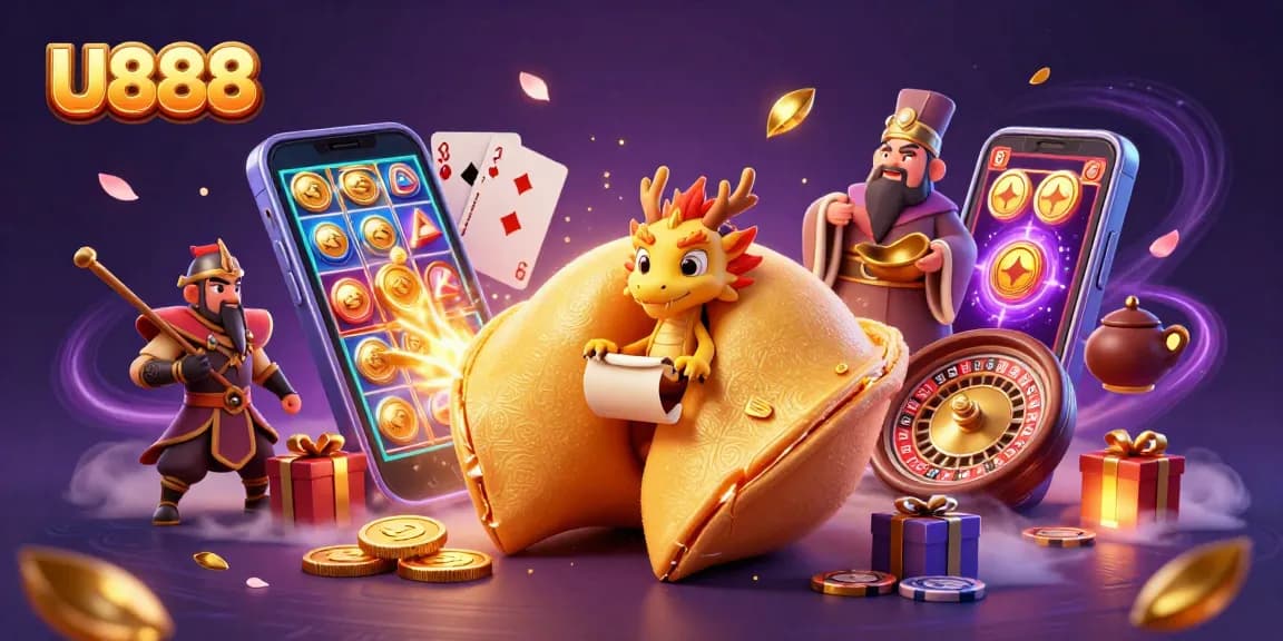 Experience U888's vibrant casino world with golden fortune cookies and dynamic game elements.