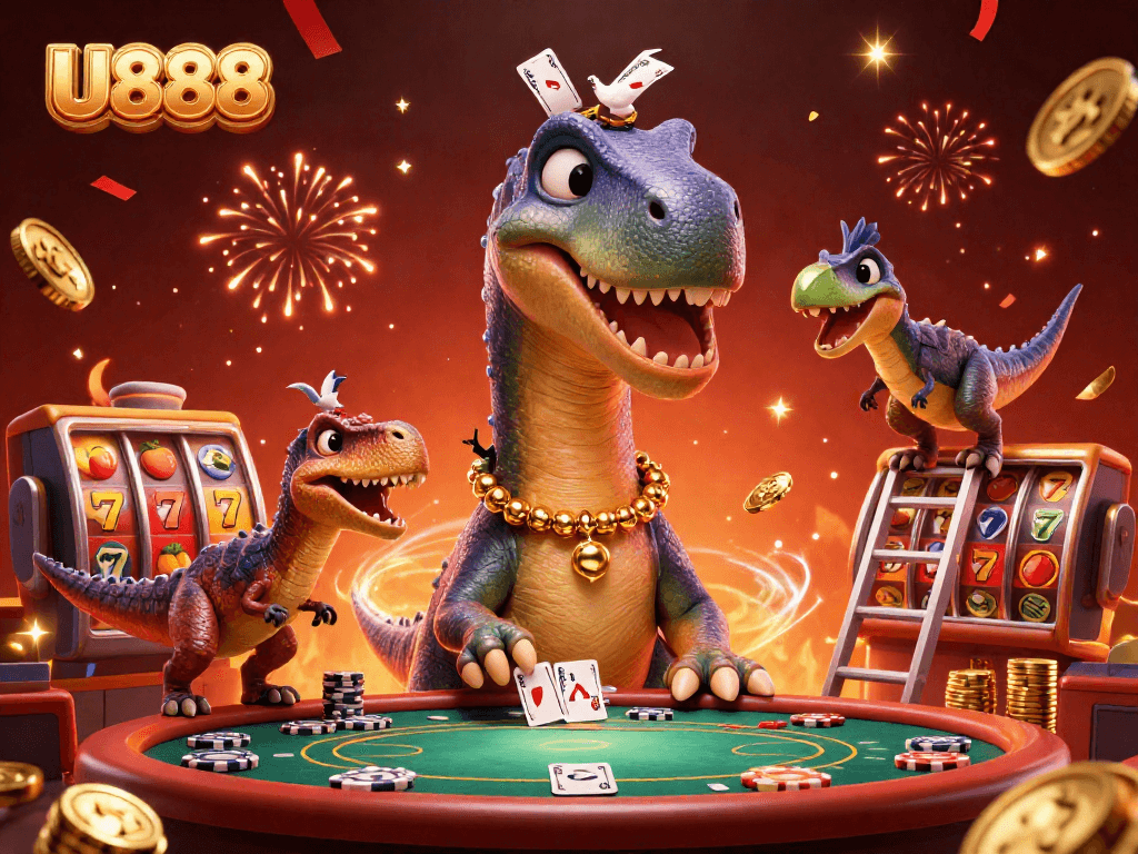 Engage with the U888 casino scene featuring dynamic characters and vibrant game elements.