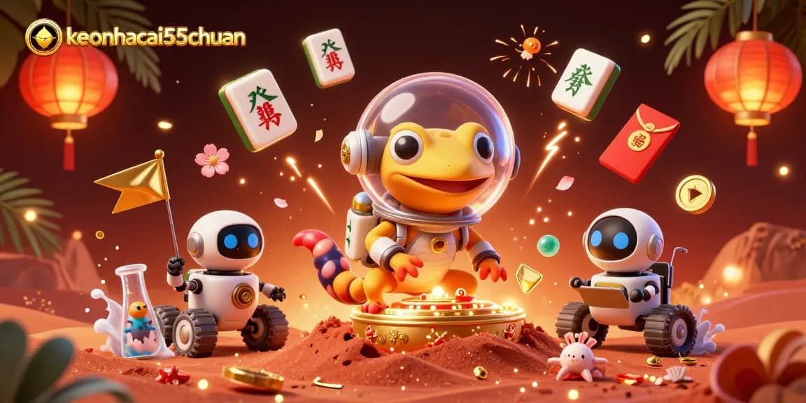 Experience keonhacai55chuan with a Martian gecko uncovering a golden casino amidst vibrant elements.