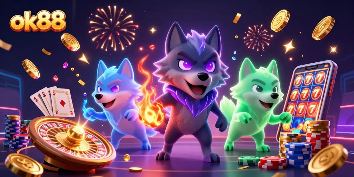 Experience thrilling wins at ok88 with a vibrant scene of animated wolves and casino icons.