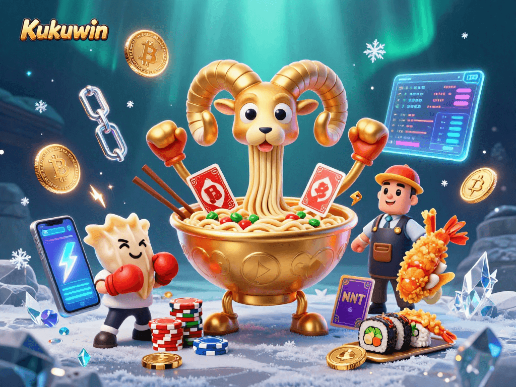 Kukuwin brings excitement with a giant ramen bowl character stacking chips in a colorful casino scene.