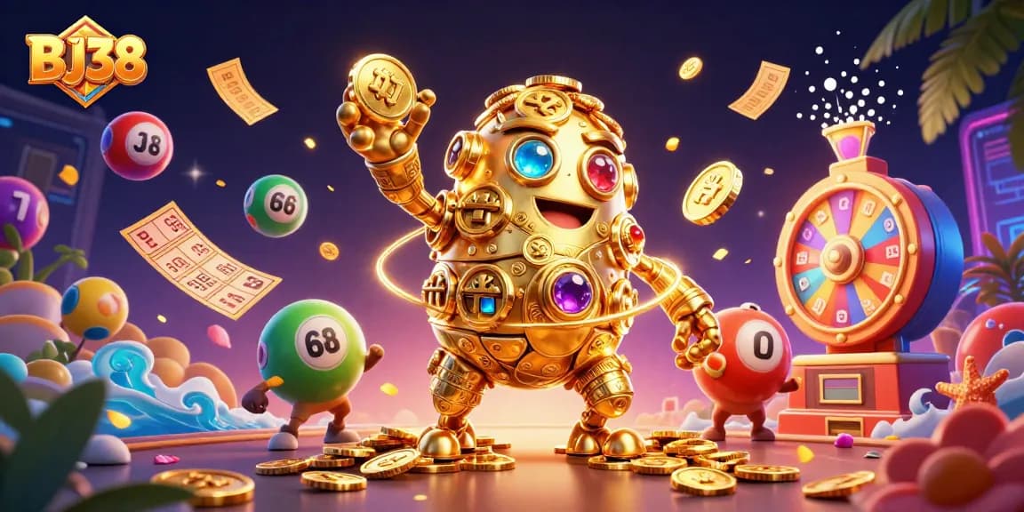 Experience the excitement of BJ38 with vibrant casino elements in a dynamic, colorful scene.