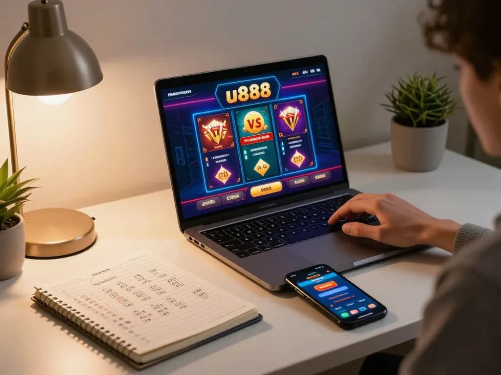 Engaging in online casino gameplay on u888 with strategic notes in cozy home setup.