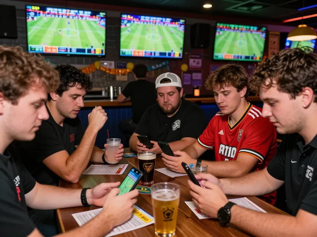 Friends placing debet bets at a sports bar with screens showing games.