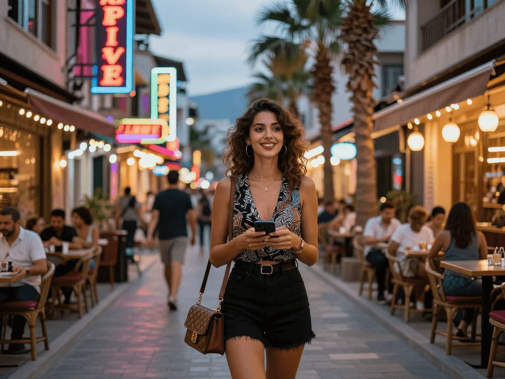 Antalya Ucuz Escort showcasing vibrant nightlife with stylish escort welcoming clients on a lively street.