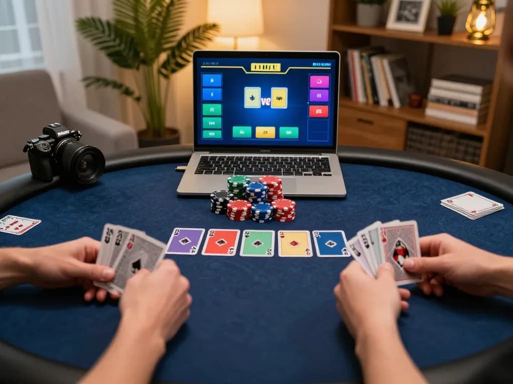 Engaging online poker game at home showcasing XOCDIA88 platform with chips and cards.