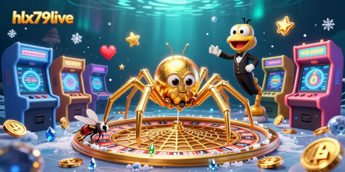 Place bets at hlx79live in a vibrant casino scene with a golden spider and centipede croupier.