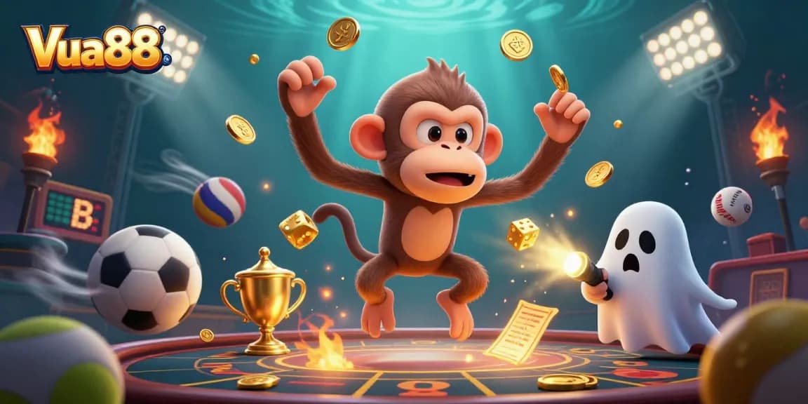 Vua88 brings excitement as a mischievous monkey juggles golden gaming tokens in a dynamic casino scene.