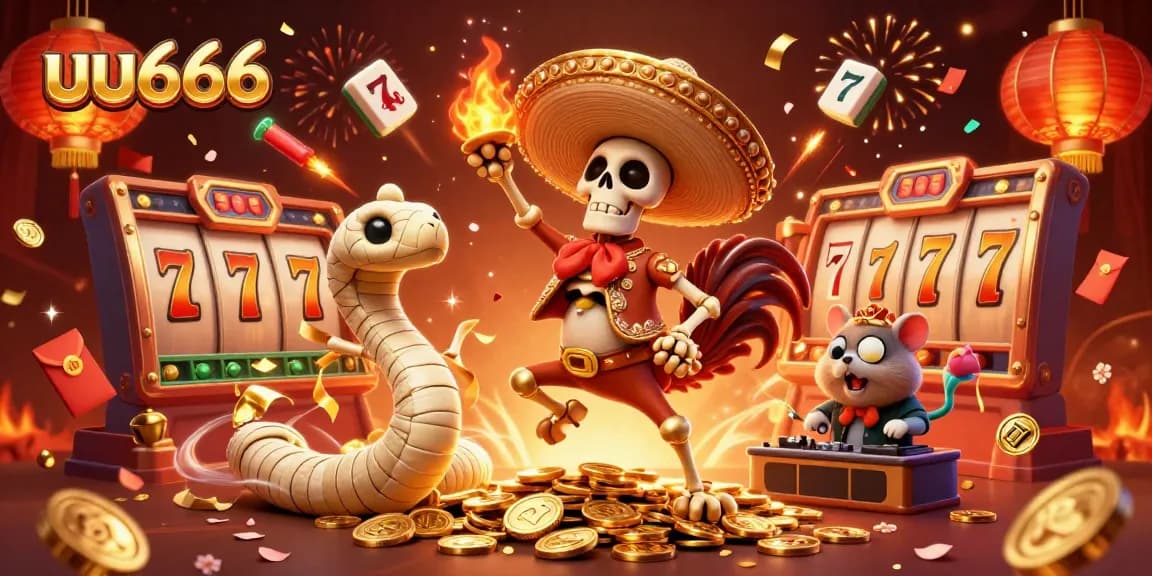 Engaging scene showcasing uu666 with a cartoon skeleton rooster dancing on gold coins, surrounded by festive casino elements.