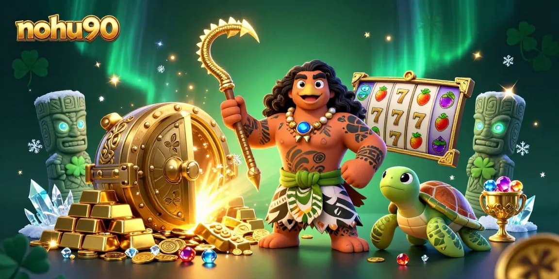 Nohu90 showcases engaging slot game fun with a vibrant Hawaiian-themed 3D illustration.