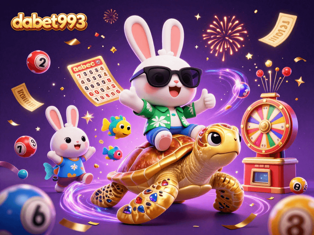 Experience excitement at dabet993 with a charming rabbit and golden turtle among vibrant lottery elements.