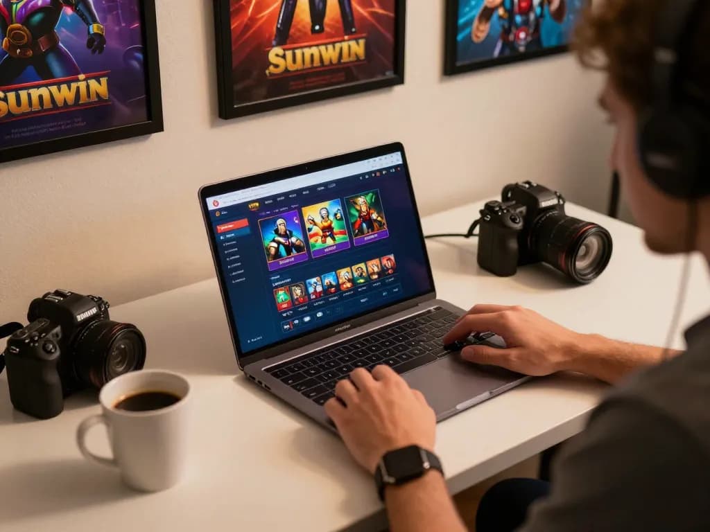 Person engaging with the Sunwin app at a modern home gaming setup, emphasizing online casino excitement