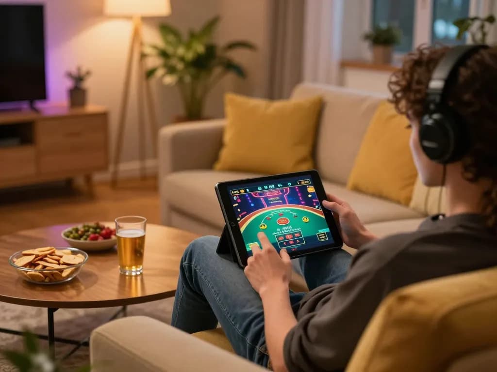 Playing casino online gratis senza registrazione on a tablet at home, cozy atmosphere with snacks and drinks present.