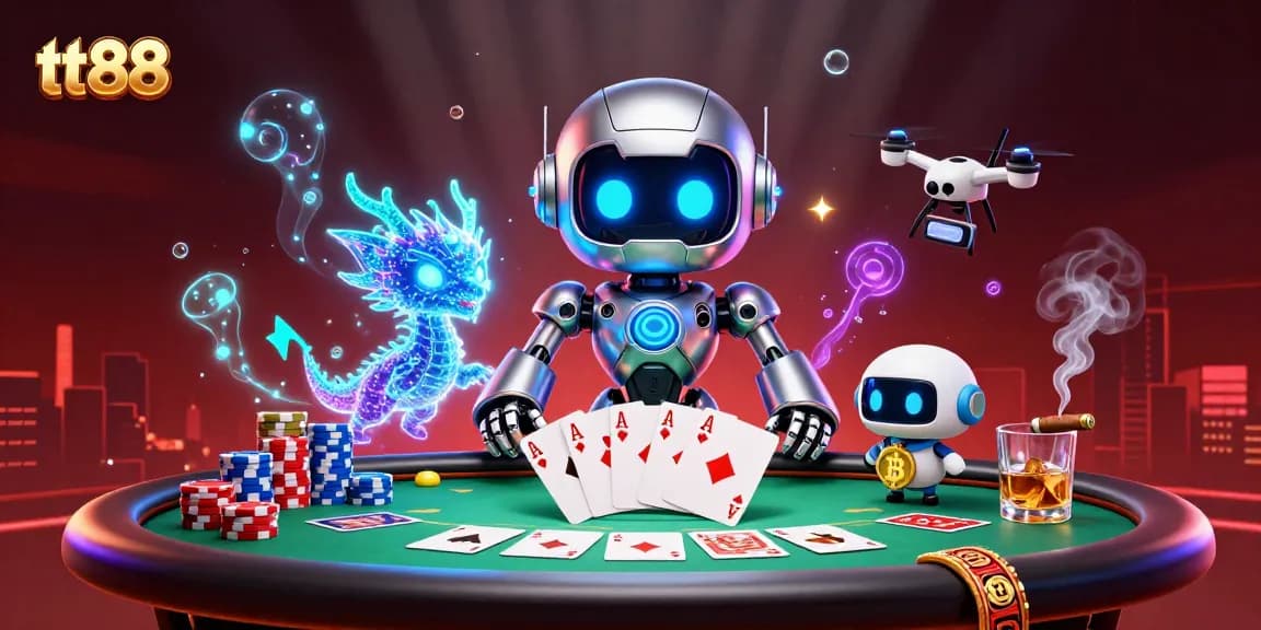 Engage with tt88 in a vibrant casino scene featuring a futuristic robot, AI dragon, and poker elements.