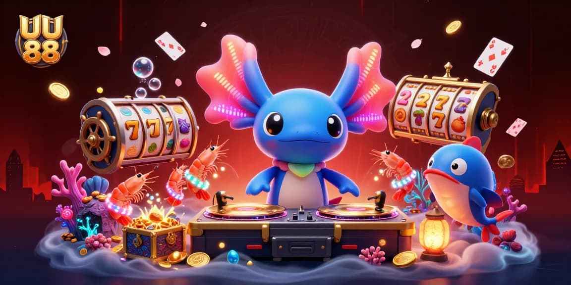 Join the fun with UU 88's vibrant casino scene featuring a DJ axolotl, shrimp dancers, and slot games.