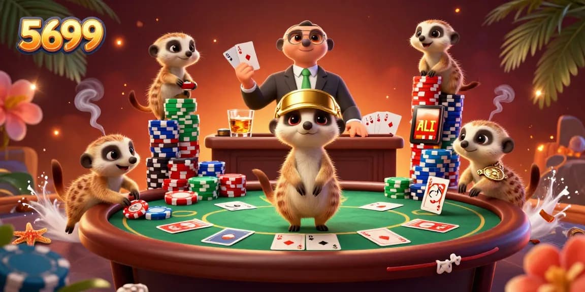 Play poker with 5699's unique meerkat casino characters amidst vibrant game elements and dynamic action.