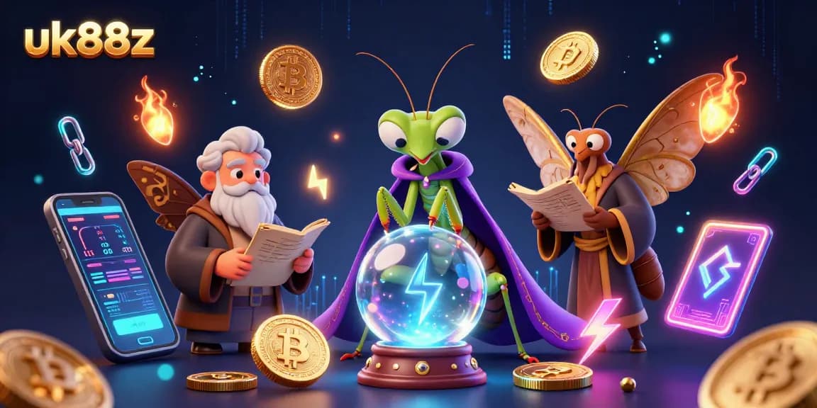 uk88z unleashes fortune-telling magic in a vibrant 3D casino scene filled with crypto elements.