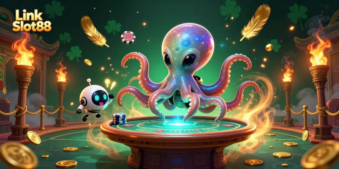 Experience thrilling gameplay at Link Slot88 with a dynamic scene of an alien octopus at a holographic poker table.