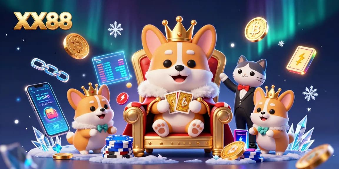 Experience exciting casino action at XX88 with charming corgi royalty surrounded by vibrant gaming elements.