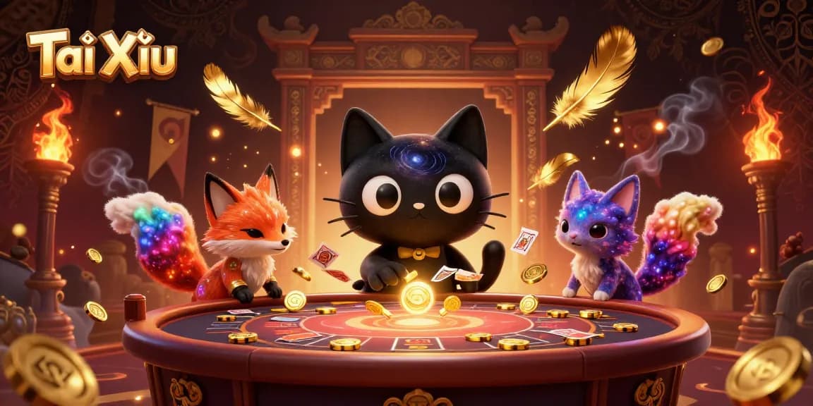 Engage in Tài Xỉu action at a vibrant cosmic casino table full of golden chips and lively characters.