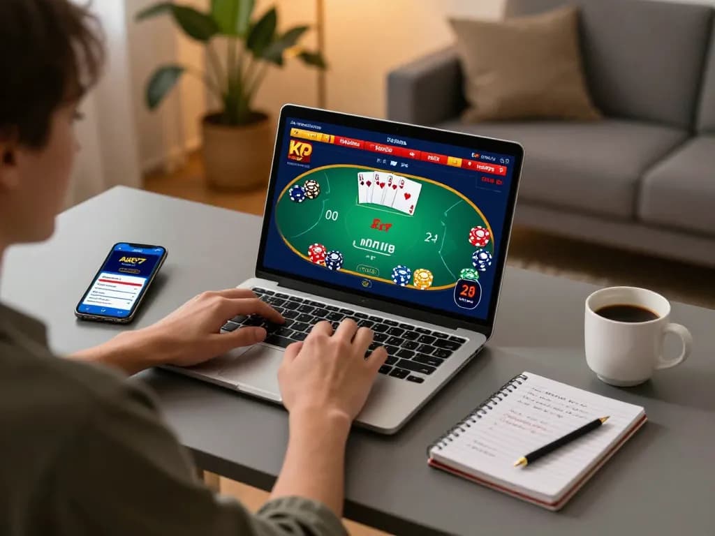 Engaging gameplay on aud77 poker app displayed on laptop during cozy home gaming session.