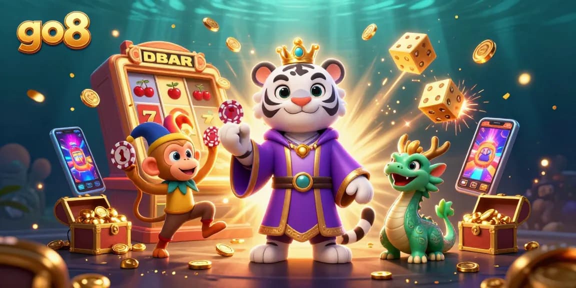 Experience the vibrant action at go8 with a thrilling casino scene featuring a white tiger and poker chips.