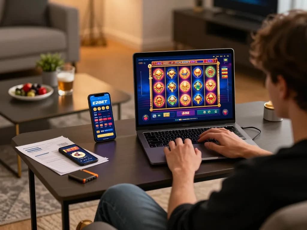 E2BET user engaging with online slot games on a laptop in a cozy home setup.