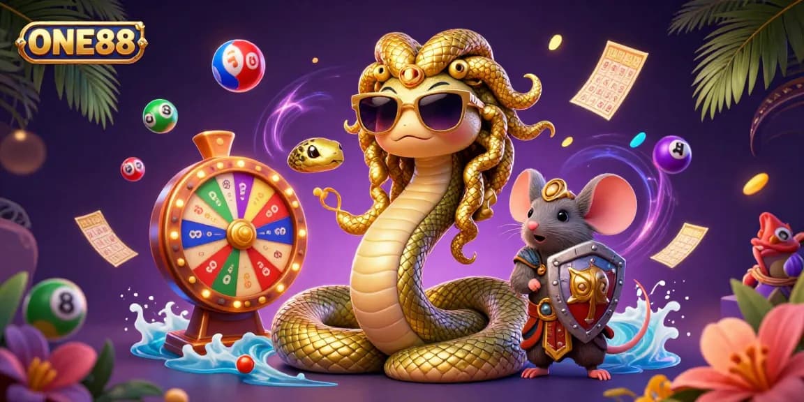 Engage with exciting games like ONE88 in this vibrant 3D casino illustration featuring Medusa and dynamic elements.