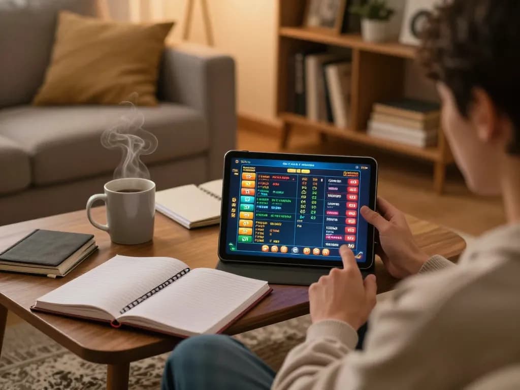 Player analyzing lô đề online betting options on a tablet in a cozy home setting.