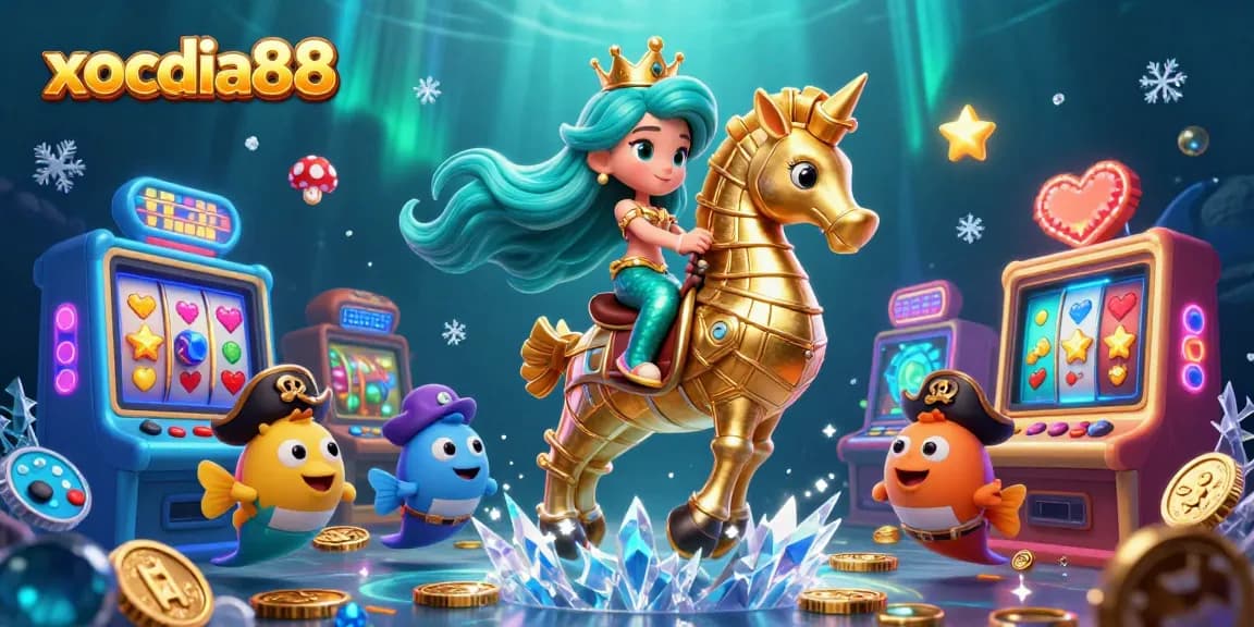 xocdia88 slots scene featuring a mermaid princess and giant seahorse amidst vibrant slot machines and treasures.