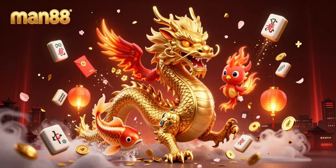 Experience exciting gaming at man88 with golden dragon and lucky koi in a vibrant casino scene.