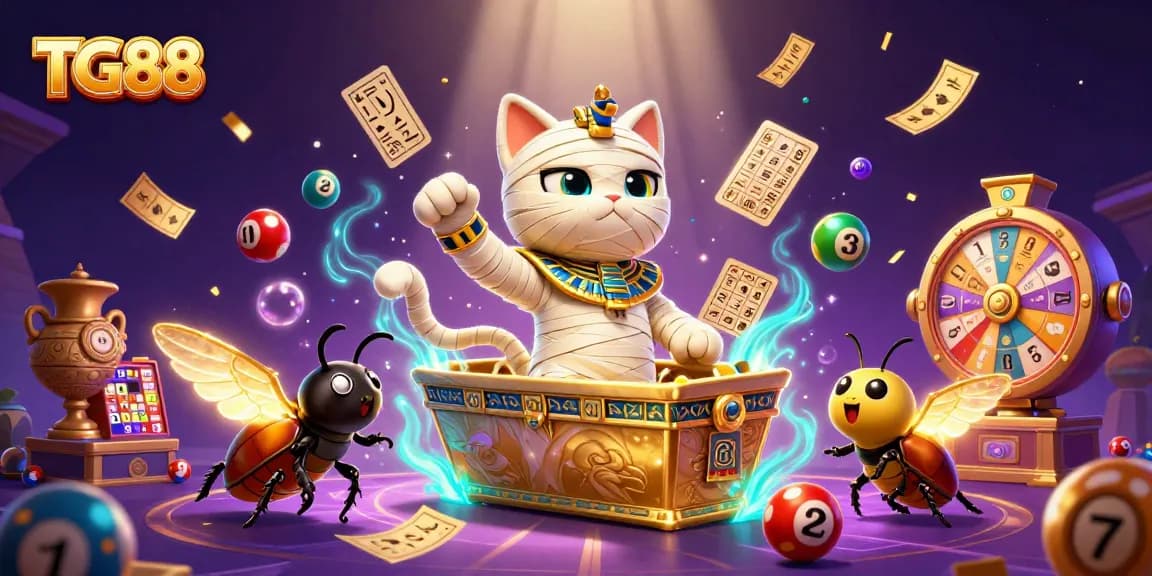 Engage in thrilling gameplay at TG88 with a pyramid casino scene featuring an Egyptian mummy cat and glowing scarab.