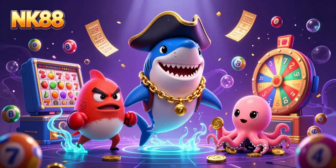 Experience NK88 with a fun 3D scene featuring a pirate shark, pufferfish, and octopus amidst vibrant slot game elements.