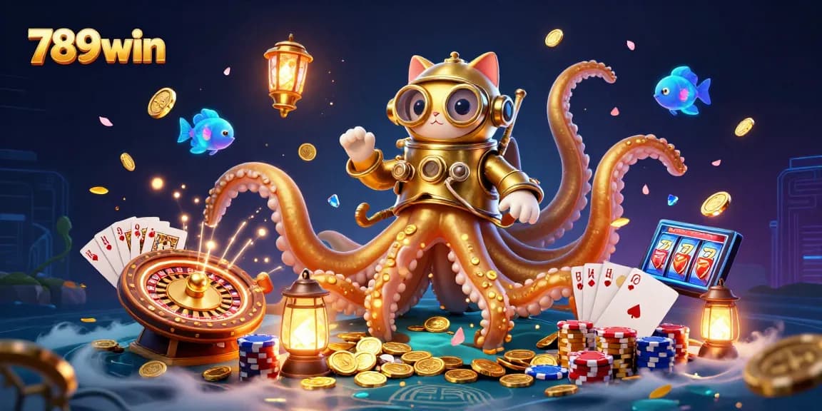 Engage in thrilling gaming excitement with 789win featuring a kraken, vibrant treasures, and casino elements.