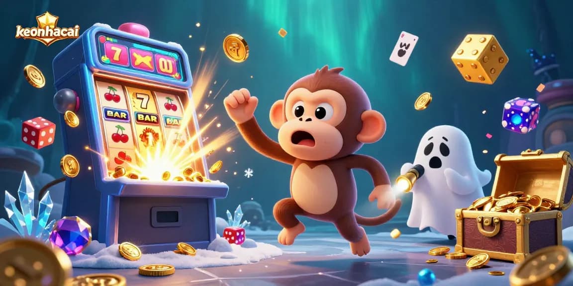 Exciting keonhacai illustration of a mischievous monkey juggling casino items in a lively haunted casino scene.