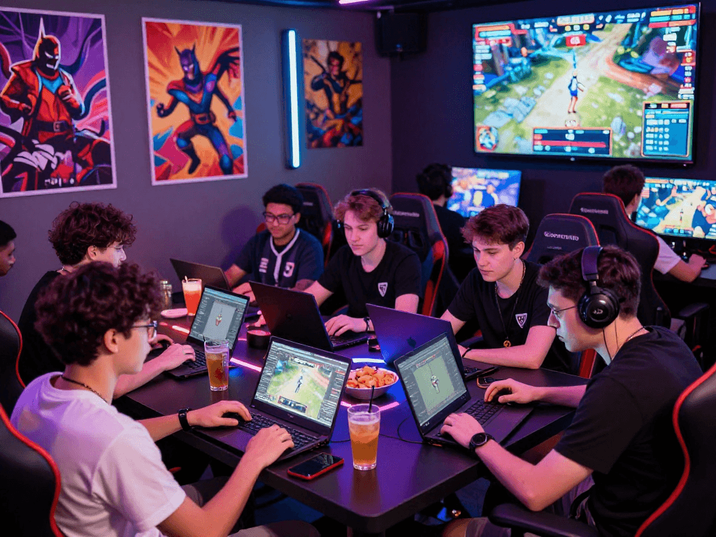 Exciting esports betting lounge scene featuring friends analyzing matches and odds, highlighting seanbowieforaz vibes and immersive gaming