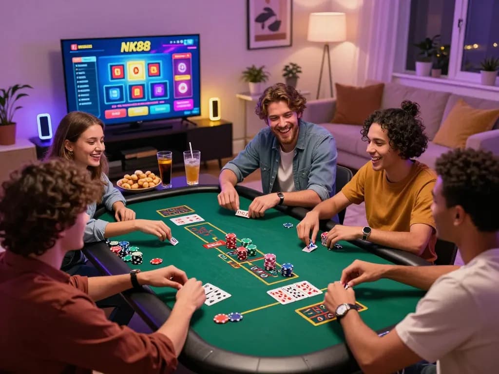 Friends enjoying NK88 casino gaming night with colorful chips and cards